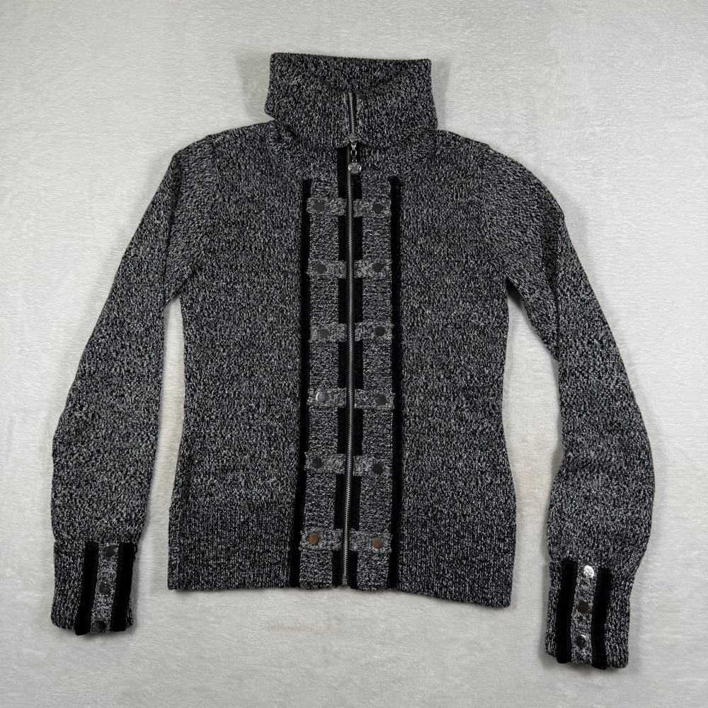 White‎ House Black Market Military Zip Up Cardigan Sweater Black White XS Wool